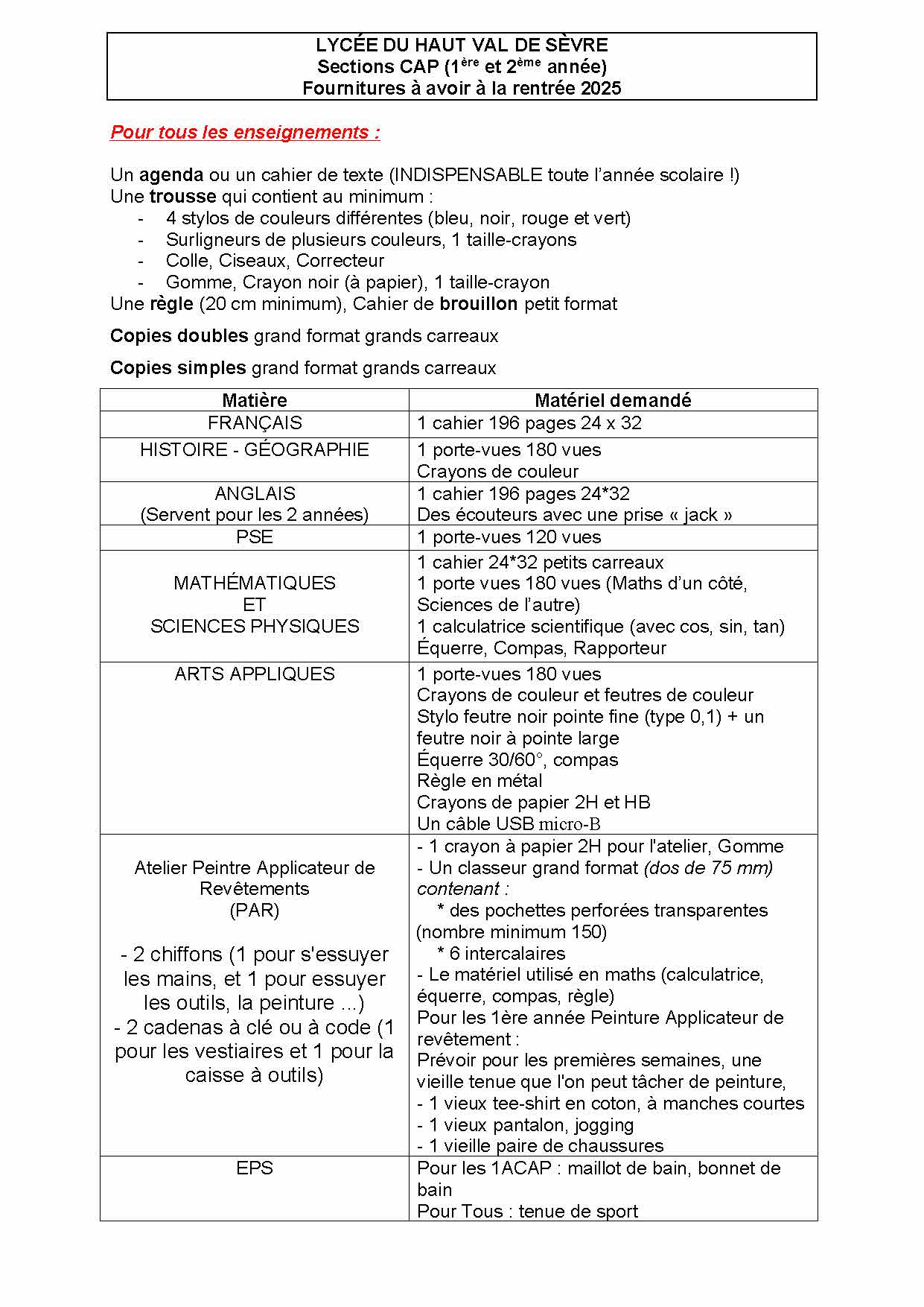 fichematériel CAP 2025 2026